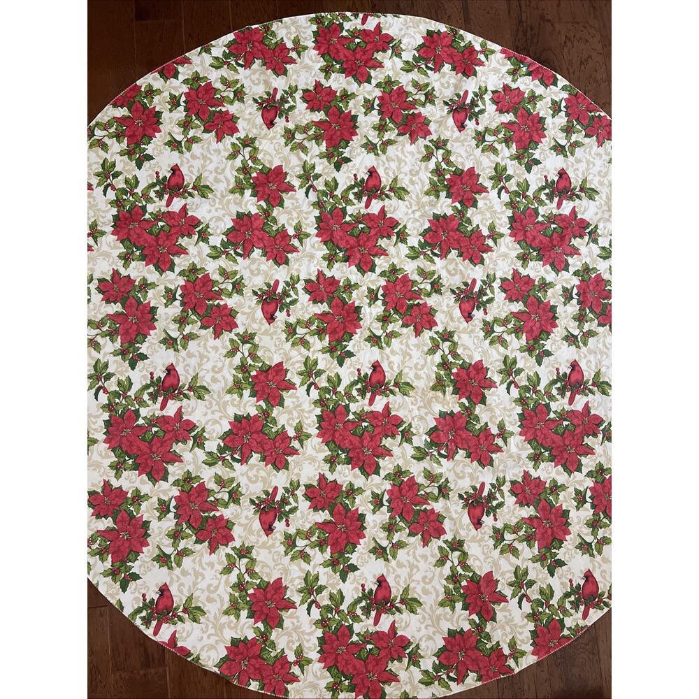 Round 70" Christmas Poinsettia‎ Cardinal Bird Tablecloth Holiday Festive